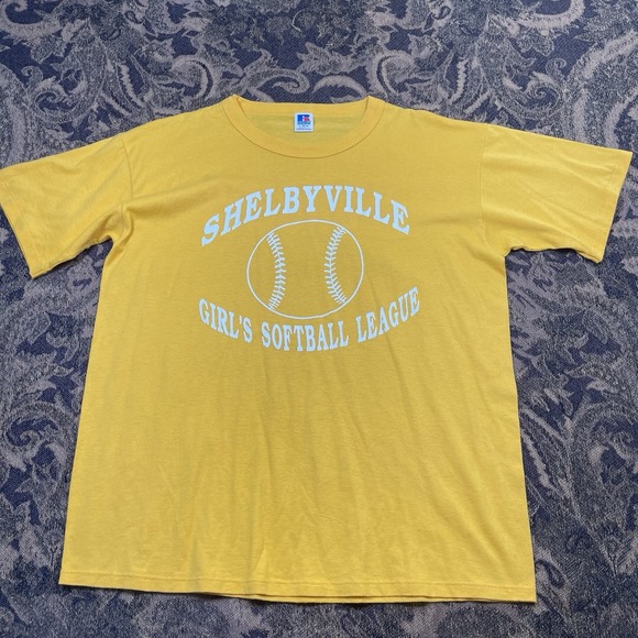Vtg 90s Shelbyville Softball Kentucky Russell Athletic Yellow Shirt Adult Size L - Picture 1 of 7